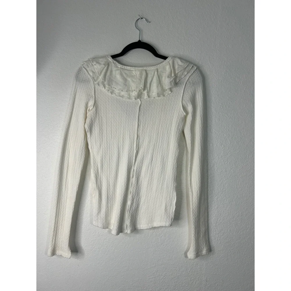 Free People Ruffle V-Neck Top Womens S Cream Pointelle Knit Peasant Boho Cottage
